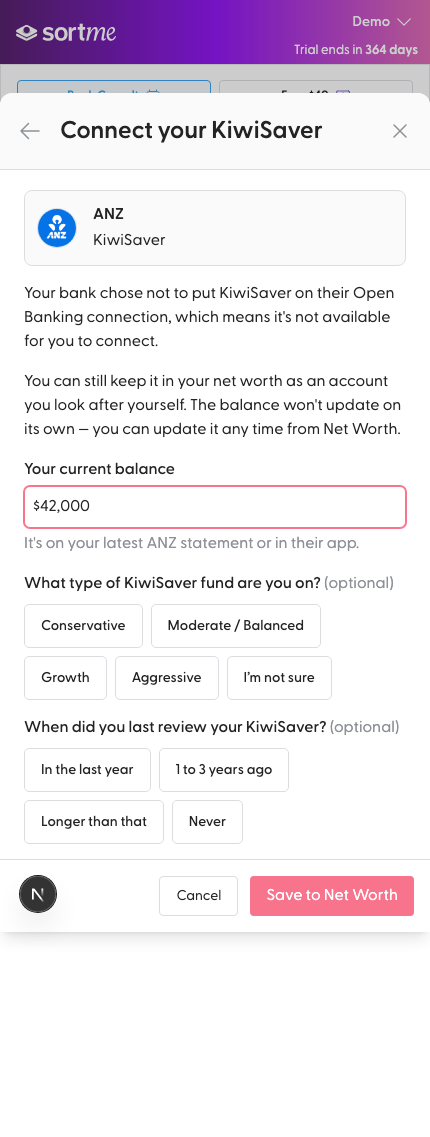 Arm a failing save, then choose ANZ and enter the balance (mobile)