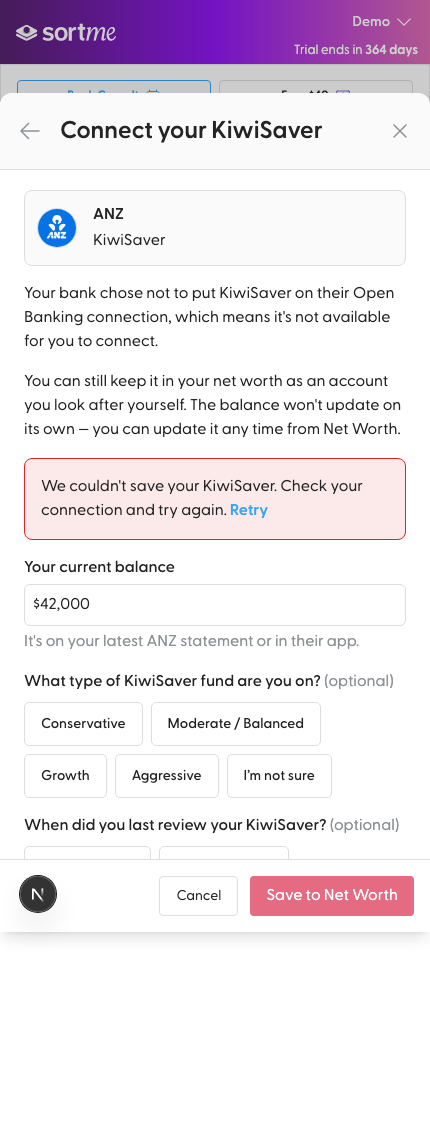 Save fails: the balance stays and the error is inline (mobile)
