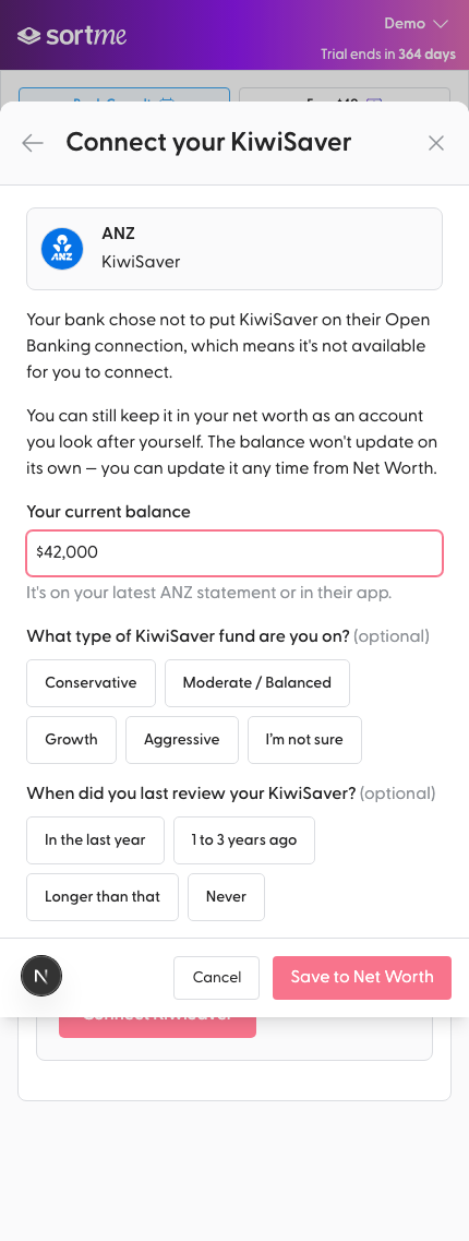 Enter the balance and Save to Net Worth lights up (mobile)