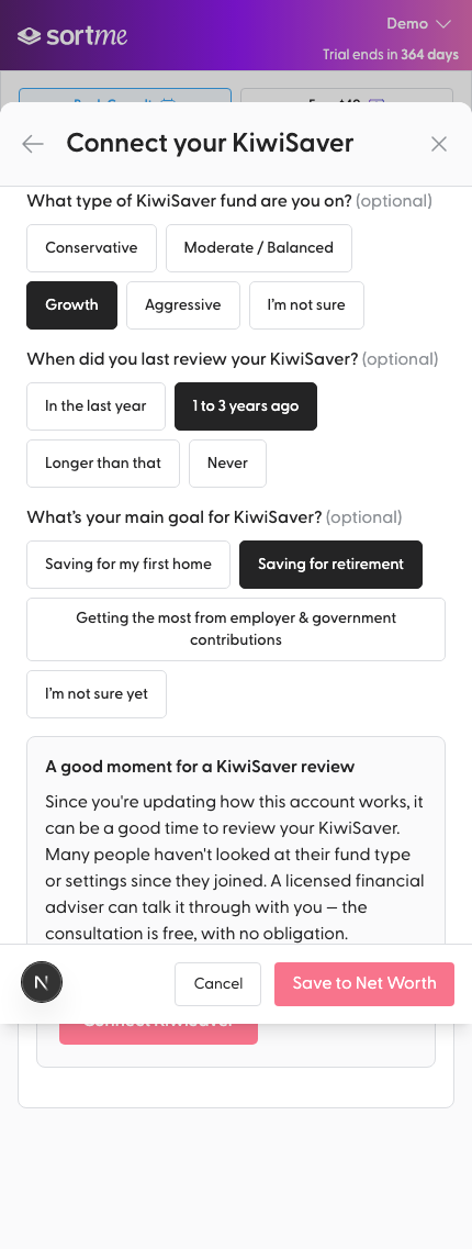 Answer the optional questions: Growth fund, reviewed 1 to 3 years ago, saving for retirement (mobile)