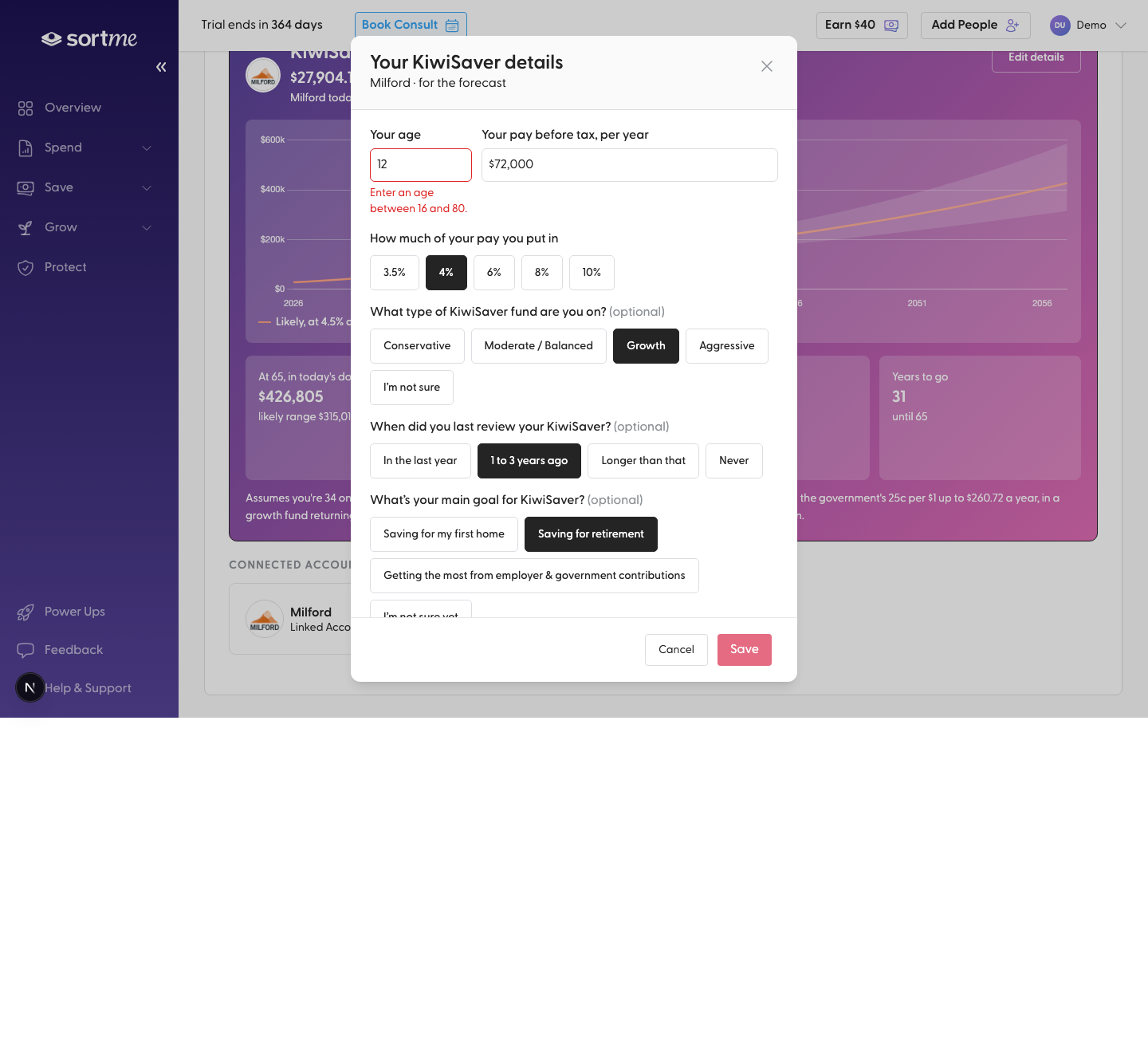 Press Edit on the account card: an age outside the allowed range is refused (desktop)