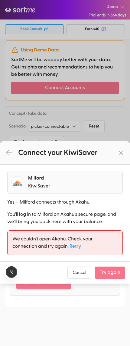 Akahu could not open: back on the result with a retry (mobile)