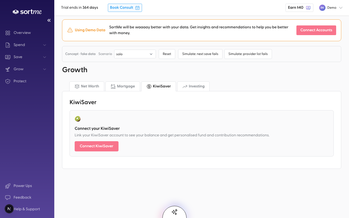 Open the KiwiSaver tab with nothing added yet (desktop)