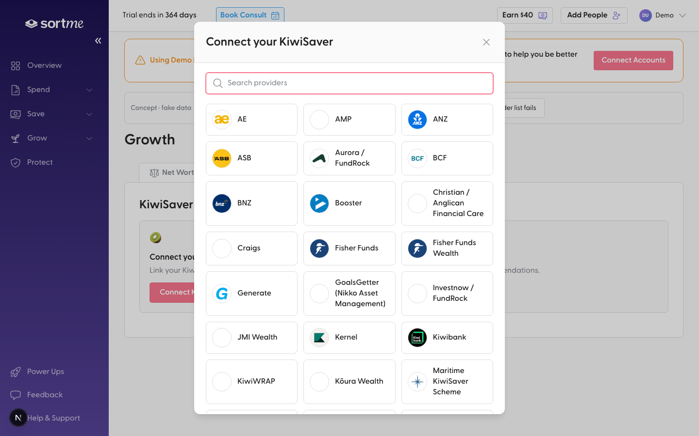 Press Connect KiwiSaver and see the provider grid (desktop)
