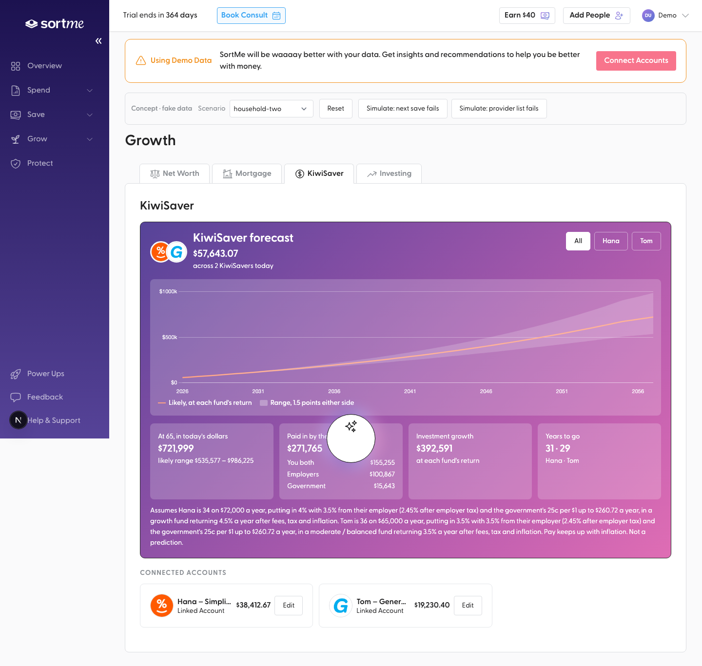 Open the tab with both KiwiSavers connected: one combined forecast (desktop)