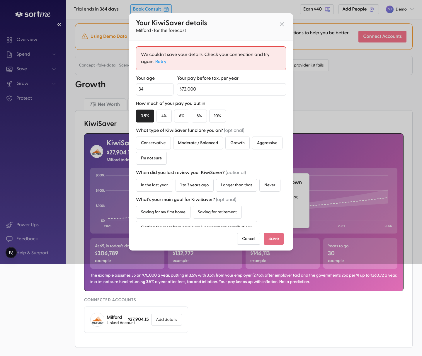 Save fails: the details stay and the error is inline (desktop)
