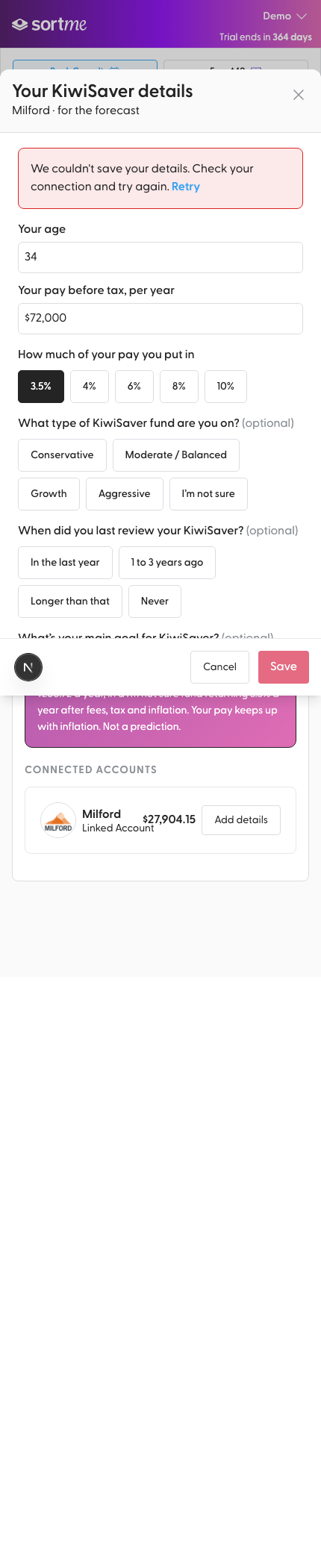 Save fails: the details stay and the error is inline (mobile)