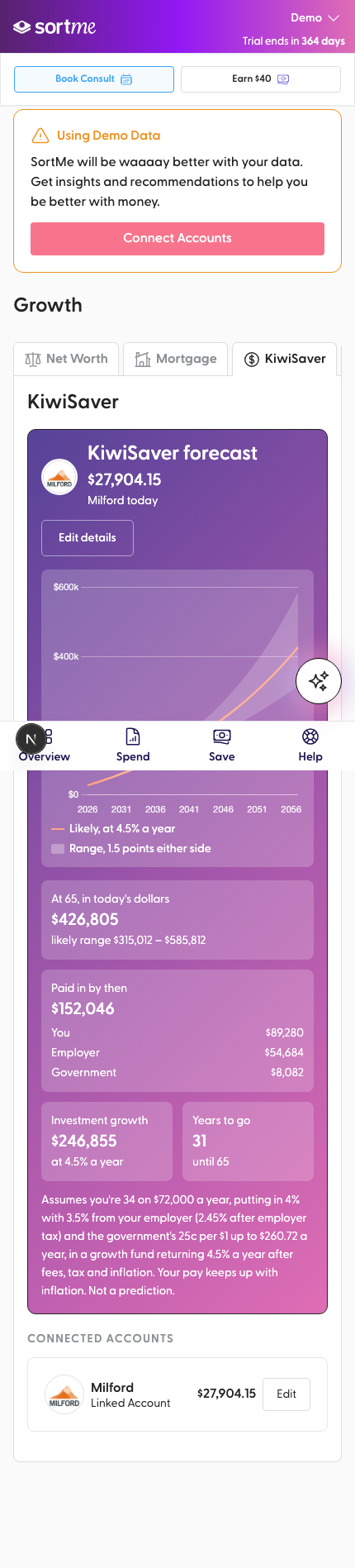KiwiSaver forecast with her details (mobile)