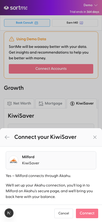 Brand-new customer, no Akahu connection (mobile)