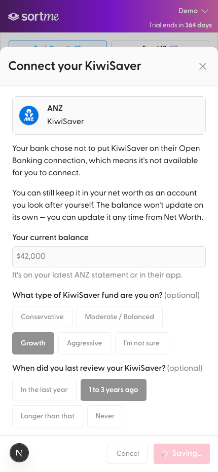 Picker: saving to Net Worth (mobile)