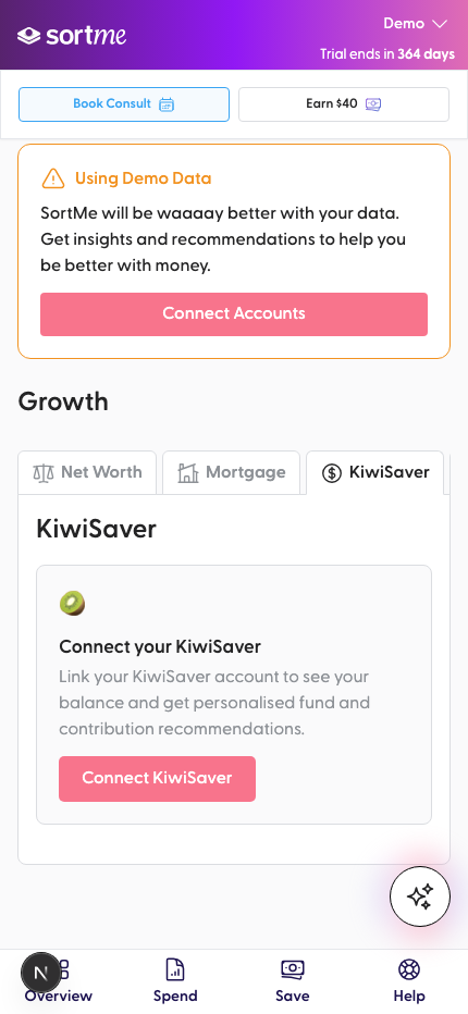 KiwiSaver tab, nothing added (first visit) (mobile)